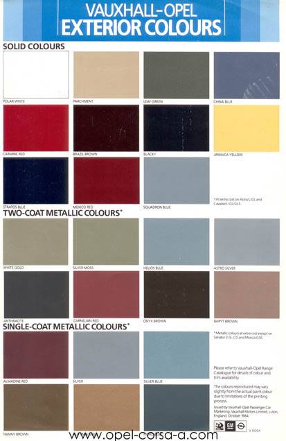 Vauxhall Colour Chart